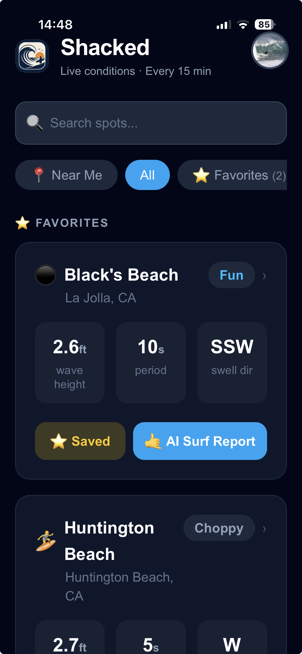 Shacked surf forecast app showing live conditions for 460+ spots worldwide